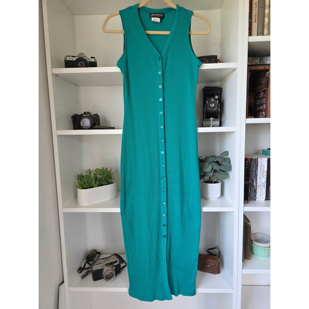 Champagne West Maxi Dress Womens Medium Green Ribbed Button Front Sleeveless